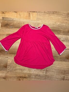 Zenana Hot Pink Pom Pom Trim Babydoll Top Bell Sleeve XL Boho Cottagecore